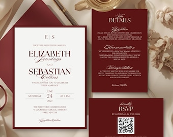 Burgundy Wedding Invitation Suite Template, Elegant Red and Cream (Canva Printable)
