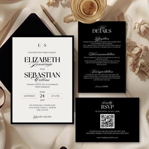 Elegant Black and White Wedding Invitation Suite (Canva Printable)