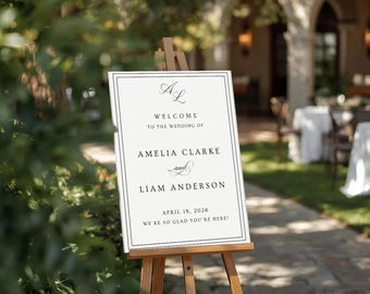 Monogram Wedding Welcome Sign Canva Template Modern Black & White Wedding Welcome Poster Editable Printable Large Elegant Wedding Sign WS05