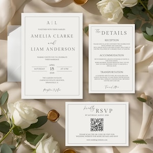 May include: Elegant wedding invitation suite featuring a main invitation, details card, and RSVP card. The design includes the names Amelia Clarke and Liam Anderson, event details, and a QR code for RSVP. The suite is in a neutral color palette.