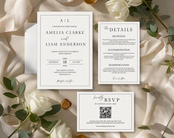 Pode incluir: Conjunto de convites de casamento elegantes com um convite principal, um cartão de detalhes e um cartão RSVP. O design inclui os nomes Amelia Clarke e Liam Anderson, detalhes do evento e um código QR para RSVP. O conjunto é em tons neutros.