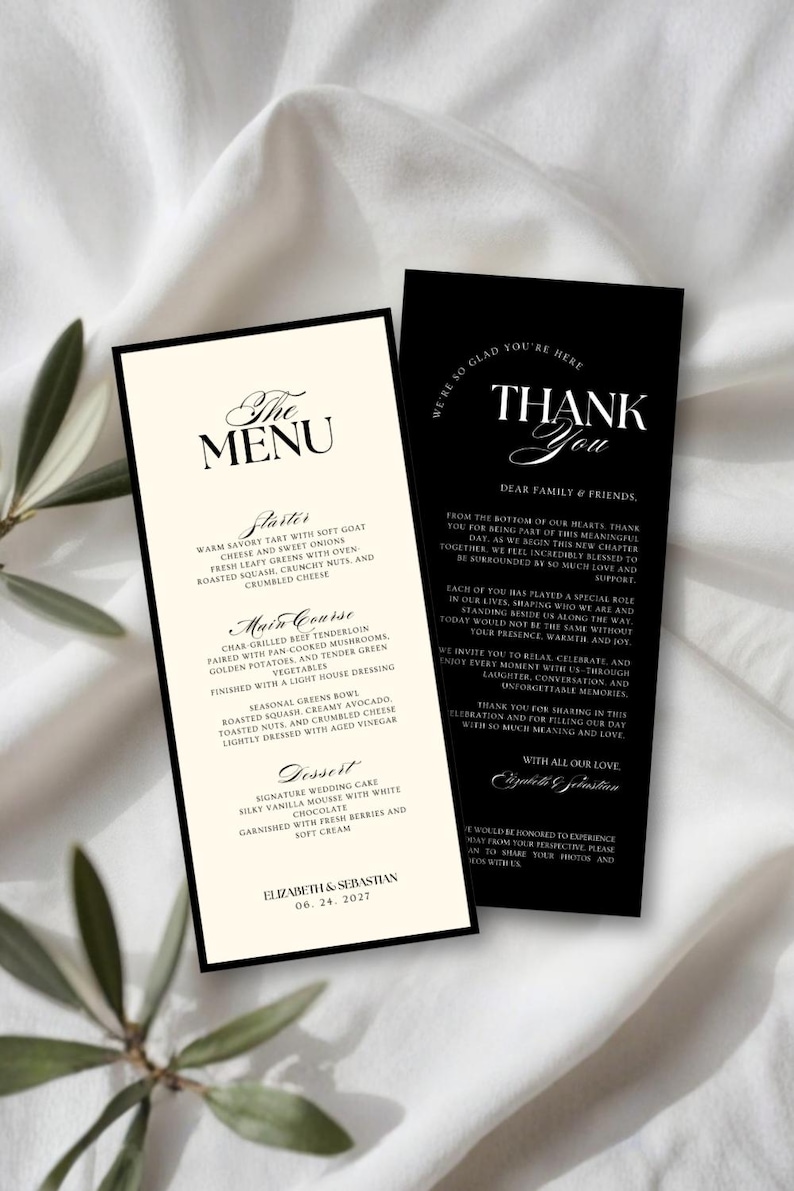 White Menu Card Design Elegant Wedding Menu Card Template, Black and White (digital Download ...