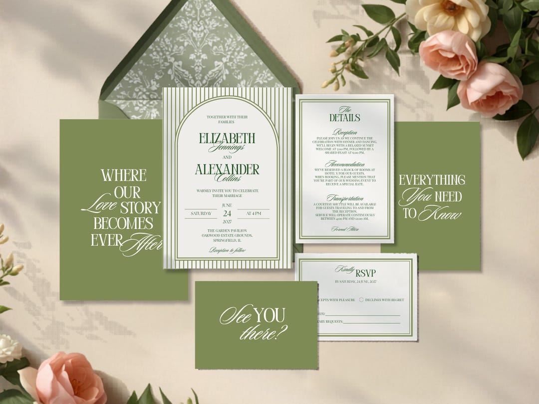Sage Green Wedding Invitation Suite Template Old Money Olive Green ...