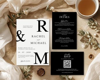 Classic Old Money Black and White Wedding Invitation Suite Template Luxury Monochrome Elegant Wedding Invite Editable Canva Printable WI09