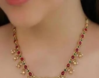 金メッキの南インド寺院ネックレスセット インドの結婚式用ジュエリー