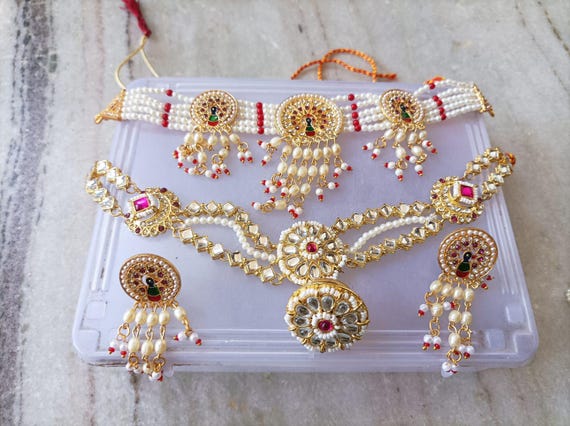 Jaipuri Rajasthani Gold Plated Pearl Maangtika Set: Indian Wedding Jewelry