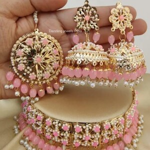 Multicolour Kundan Necklace Set earring With Mangtika ,Handmade Indian Wedding Jewellery Bollywood Jewelry