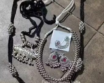 Silver Oxidised Combo Of Long Mangalsutras With Nath Saree /Langha Oxidized Jewellery