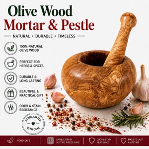 May include: An olive wood mortar and pestle set with a natural brown grain pattern. The image includes text: Olive Wood Mortar & Pestle, Natural, Durable, Timeless, 100% Natural Olive Wood, Perfect for Herbs & Spices, Durable & Long Lasting, Beautiful & Practical Gift, Odor & Stain Resistance, Handcrafted with Care, Food Safe, Unique Grain No Two Pieces Alike, Made to Last a Lifetime.