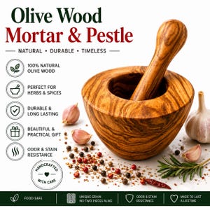 May include: An olive wood mortar and pestle set with a distinct natural grain pattern. The text reads Olive Wood Mortar & Pestle, Natural, Durable, Timeless, 100% Natural Olive Wood, Perfect for Herbs & Spices, Durable & Long Lasting, Beautiful & Practical Gift, Odor & Stain Resistance, Handcrafted with Care, Food Safe, Unique Grain No Two Pieces Alike, Made to Last a Lifetime.
