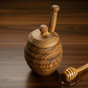 May include: A wooden honey pot with a matching lid and a honey dipper. The pot is round with a textured, layered design. The dipper rests on a small puddle of honey. The items are made of light-colored wood.