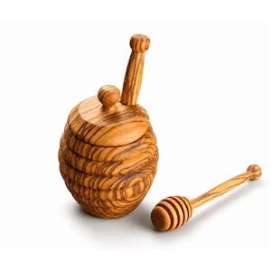 Olive Wood Classic Beehive Pot  (5x3x3) "POOH Style", Handmade Jar+ 2 Free Honey Dippers.