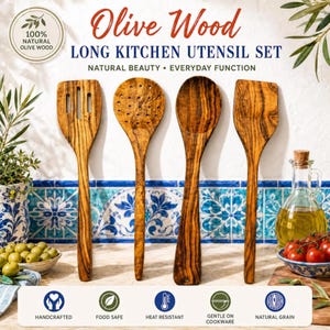 Handcrafted Long Olive Wood Kitchen Utensils – Individual Pieces or Complete 4-Piece Set