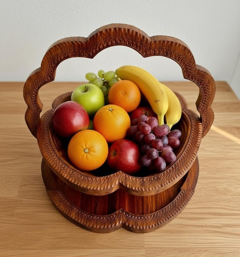 May include: A carved wooden fruit basket filled with fresh fruit. The basket is made of dark brown wood and has a decorative, scalloped edge. The fruit includes oranges, apples, grapes, and bananas.