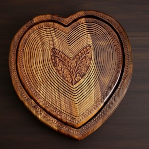 May include: A heart-shaped wooden serving tray with a carved floral design in the center. The tray has a layered, fan-like pattern and decorative edging. The wood has a warm, natural tone.