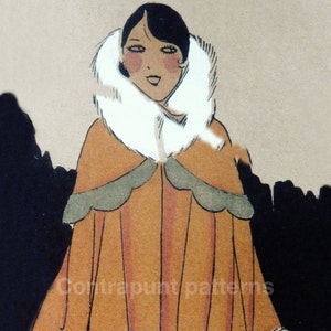 1920 cape coat sewing vintage pattern with scalloped edges and large fur collar and cuffs