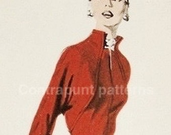 1950’s batwing 3/4 length sleeves, belted waist and back pleat sewing pattern