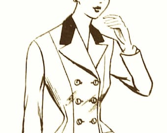 May include: A black and white line drawing of a woman wearing a long, double-breasted coat with a wide collar. The coat has a cinched waist and a flared skirt. The woman is wearing high heels.