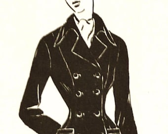May include: A black double-breasted coat with a fitted waist and a flared skirt. The coat has a high collar and long sleeves.
