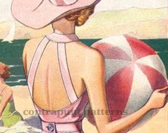 1930s pajamas beach sewing pattern with halter shirt collar and open back. Top open back and/or wide pants pattern option.