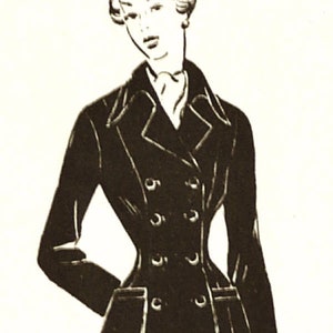 1950 Patron de couture de manteau ajusté croisé avec deux options de cols. Manteau à motif prince