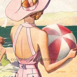 1930s pajamas beach sewing pattern with halter shirt collar and open back. Top open back and/or wide pants pattern option.