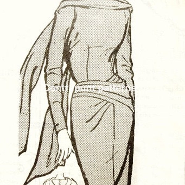 The shape of the 1950s sewing pattern. Pencil dress with cross-draped hips and shawl neckline.