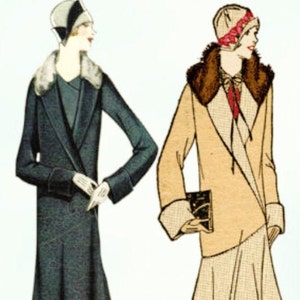 May include: Two women wearing long coats with fur collars. The woman on the left is wearing a black coat with a black hat. The woman on the right is wearing a beige coat with a brown fur collar and a brown hat with a red flower.
