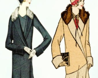 1920s flapper silhouette coat with furry collar and cuffs sewing pattern.