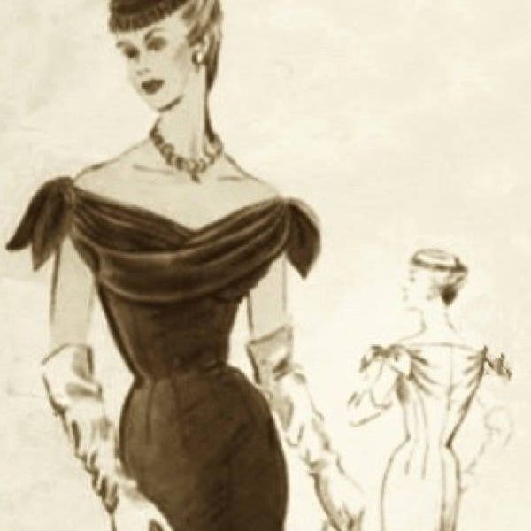 1954 Jacques Fath pencil sewing dress pattern. Low and wide gathered neckline with bows at the shoulders.