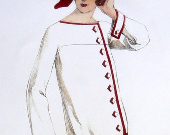 Vintage Art Deco white and ornamental red 1920s dress sewing pattern. Hat pattern to choose.