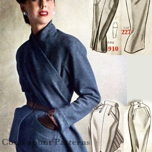 1950 wool jacket Christian Dior sewing pattern. Modern funnel collar works beautifully with the diagonal draped neckline