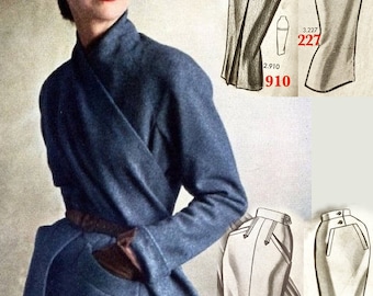 1950 wool jacket Christian Dior sewing pattern. Modern funnel collar works beautifully with the diagonal draped neckline