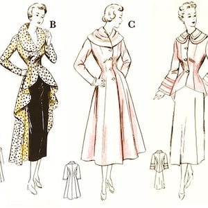 1950 Manteau ou veste ajustée Patron de couture PDF avec trois options de cols