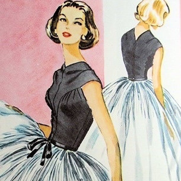 1950 pattern sewing circle skirt and top. Neckline draped to the front. Circle skirt or half circle skirt.