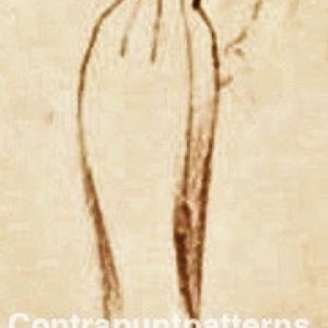 May include: A sepia-toned sketch of a woman in a long dress, viewed from the back. The drawing style is reminiscent of vintage fashion illustrations. The text "Contrapuntpatterns.etsy.com" is visible.