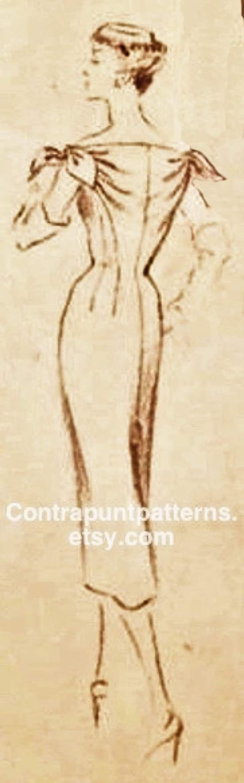 May include: A sepia-toned sketch of a woman in a long dress, viewed from the back. The drawing style is reminiscent of vintage fashion illustrations. The text "Contrapuntpatterns.etsy.com" is visible.