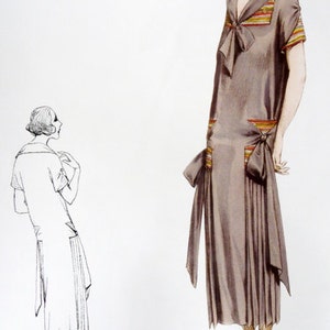 1920s pencil dress sewing pattern. Sailor collar and adjustable bows at the hips. immagine 2