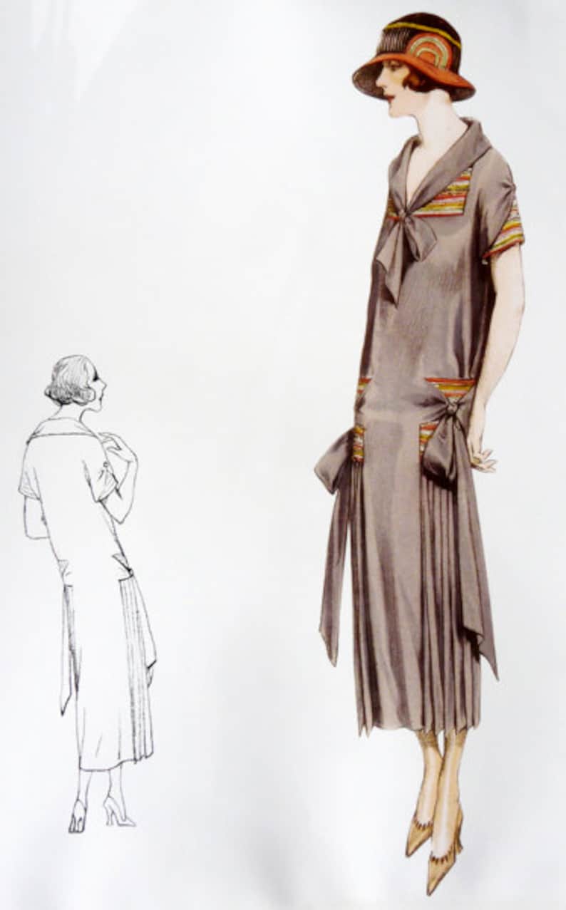 1920s pencil dress sewing pattern. Sailor collar and adjustable bows at the hips. immagine 2