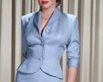 1950s Modern 3/4 sleeves Jacket design sewing pattern. Vintage blue suit in "Niagara film".