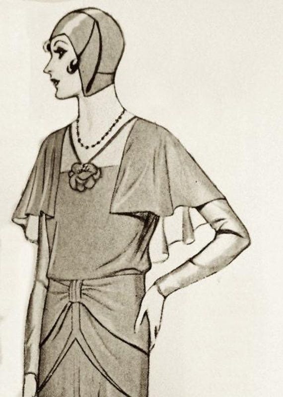 1920s semi-circle elegant sleeves sewing pattern dress.