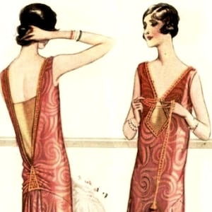Classic and modern 1920s dress sewing pattern. V necklines, gathered  low back. Downton Abby Mary style