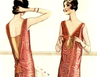 Classic and modern 1920s dress sewing pattern. V necklines, gathered  low back. Downton Abby Mary style