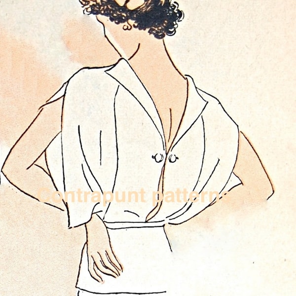 1940s–50s blouse sewing pattern. With striking short bat sleeves, gathered body, tight waist and open V back.