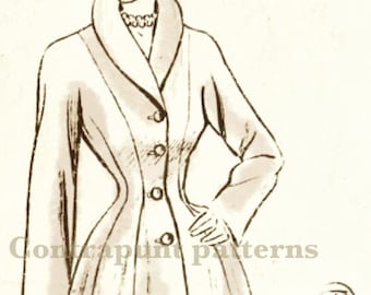 1949 coat/jacket kimono sleeve PDF sewing pattern with notched and smoking collar.