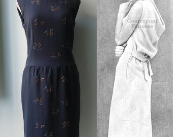 1957 Delapierre draped back dress PDF sewing pattern.