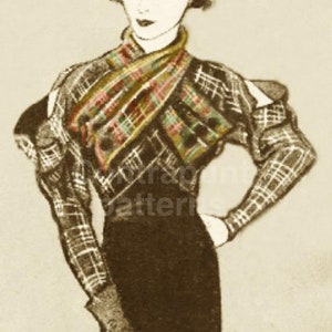 1933 Jacket-blouse sewing pattern. Drop shoulders sleeves. Cross neck-scarf. Howard Greer designer. K.Hepburn in "Christopher Strong"