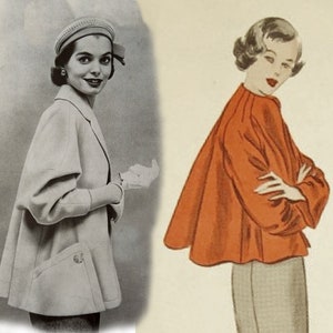 1950 swing coat sewing pattern. Lassie label design with ranglan sleeves and funnel or notched collar