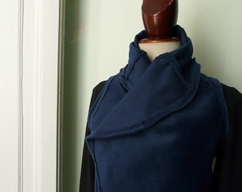 Upside-down, short furry wool shawl vest in midnight blue