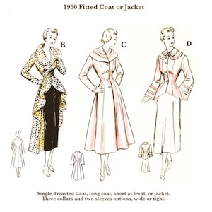 1950 Patron de couture pour manteaux ou vestes ajustés avec trois options de cols